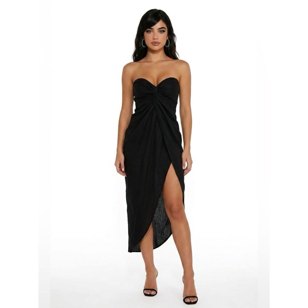OW black linen twist front strapless coverup dress size XS EUC